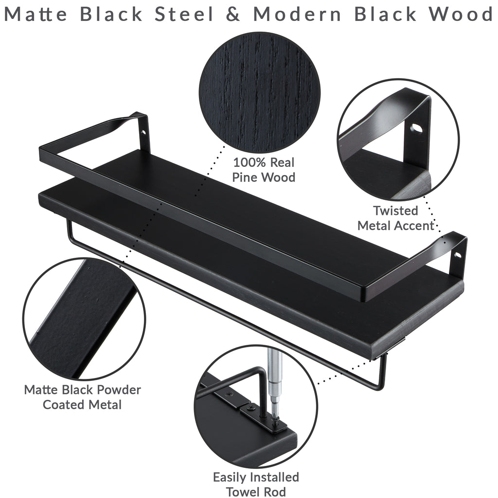 Peter's Goods Modern Floating Shelves with Guard Rail, Black, 25"
