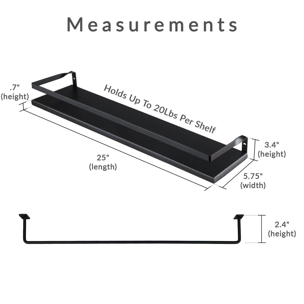 Peter's Goods Modern Floating Shelves with Guard Rail, Black, 25"