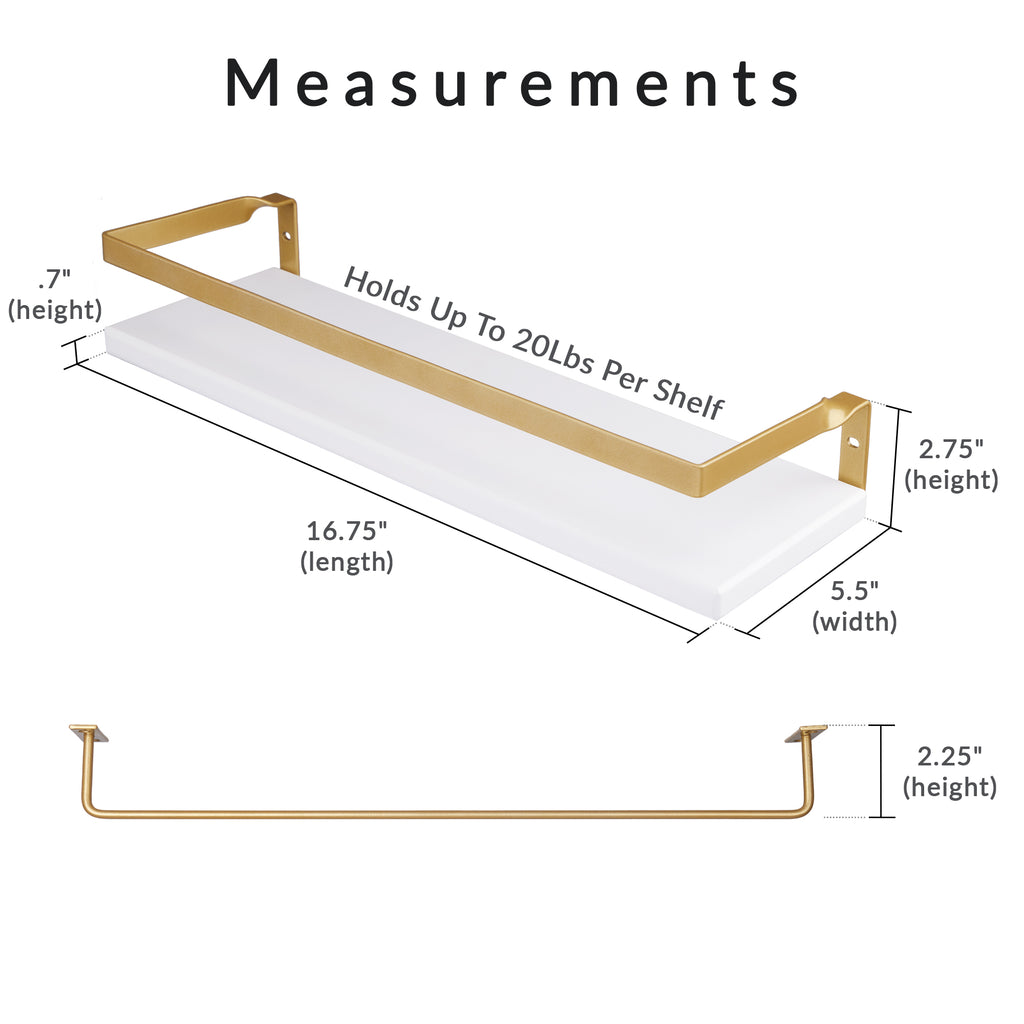 Peter's Goods Modern Brass Floating Shelves with Guard Rail - Measurements