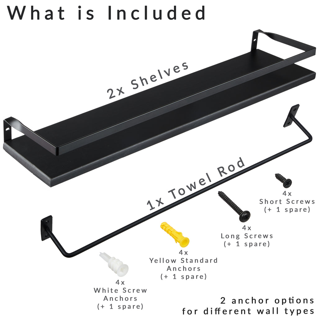 Peter's Goods Modern Floating Shelves with Guard Rail, Black, 25"